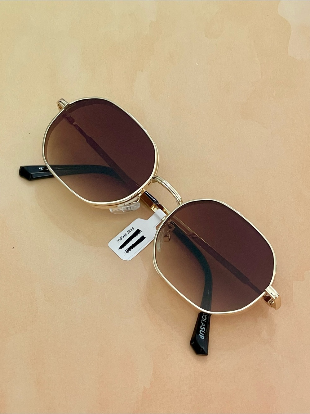 Free People Gold Doble Frame Brown Lens Square-Rounded Sunglasses